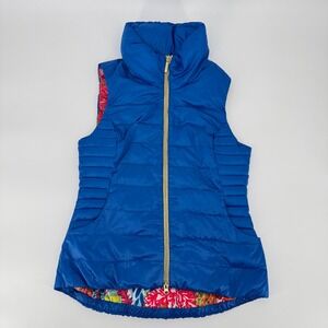 Lilly Pulitzer Reversible Puffer Vest Blue Coral Print Medium Down‎ Feather Zip